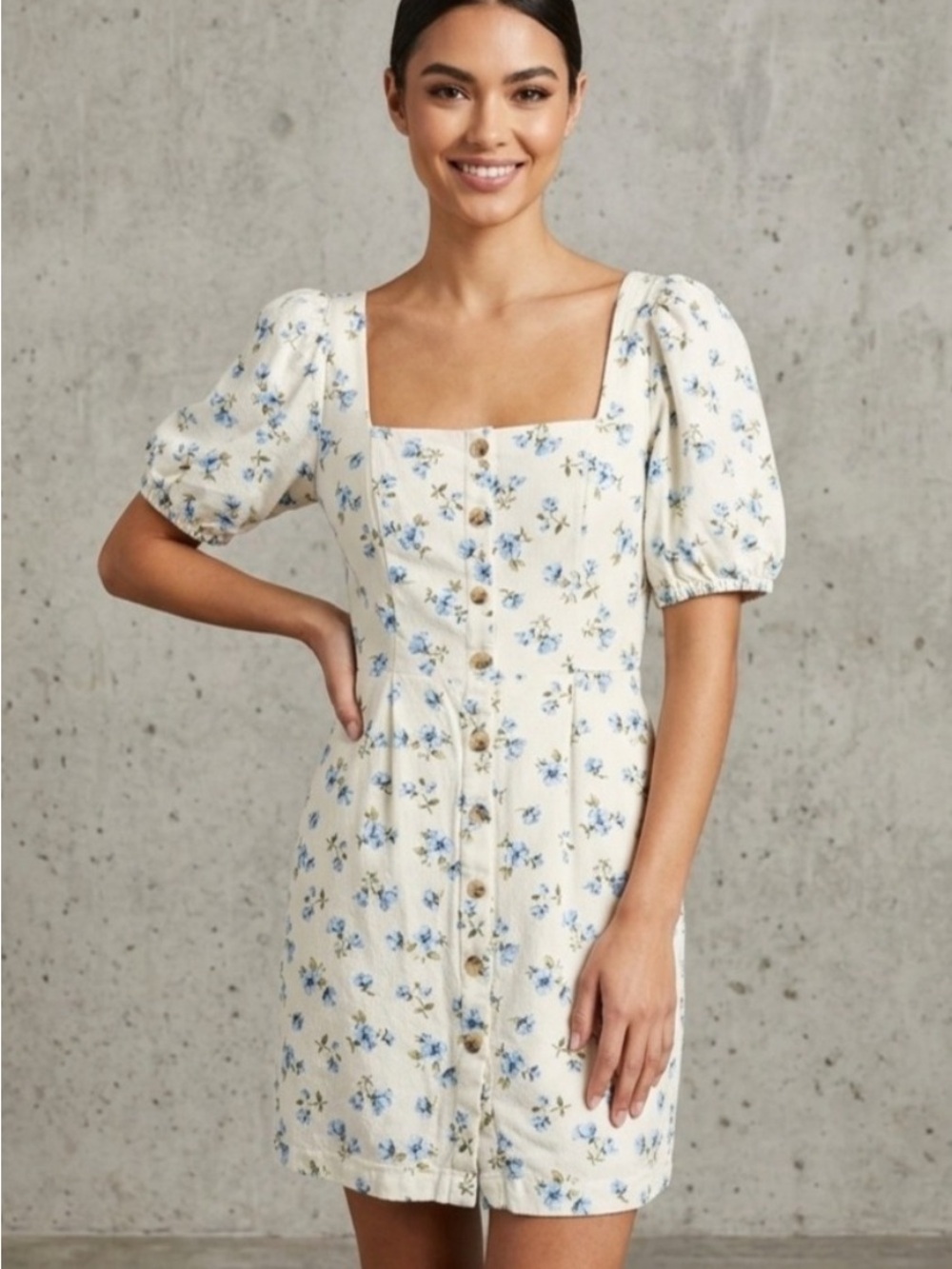 Old Navy Cream Mini Dress with Blue Floral Print